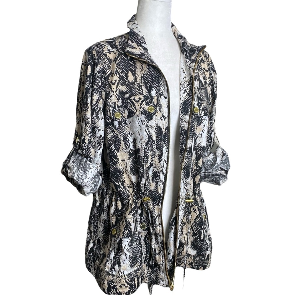 Calvin Klein Linen Lightweight Jacket Snake Animal Print Roll Tab Sleeve Sz L - Picture 9 of 12